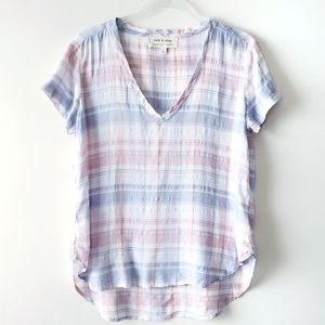 NWOT Cloth & Stone Short Sleeve V-Neck Plaid Top